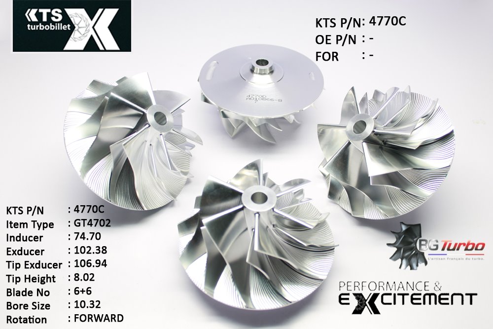 Turbo ROUE FORGÉE MFS PERFORMANCE - 6+6 PALES - INDUCER : 74,7 - EXDUCER : 102,38 - TYPE : GT4702ANGLE : 45° - ROTATION : Forward - SUPER BACK : 14,4 - BORE SIZE : 10,32
